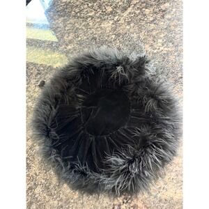 Vintage Black Velvet Pillbox Hat Ostrich Feather Trim Birdcage Veil Mid Century